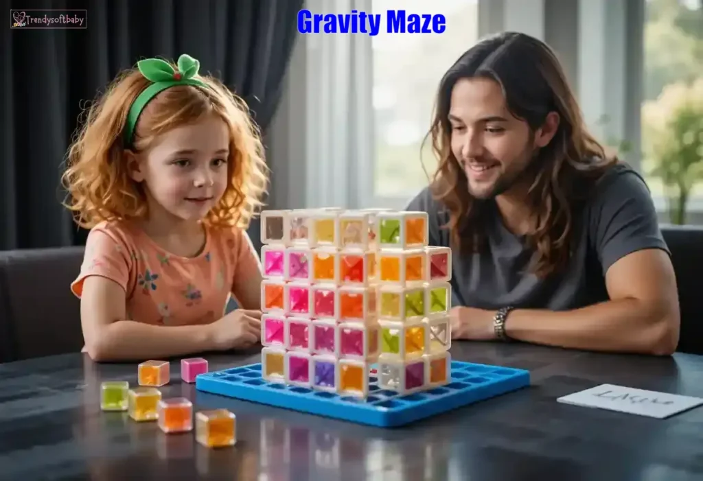 A young girl with curly red hair and a green headband playing a 3D Gravity Maze puzzle with a man with long hair, both seated at a table with colorful translucent cubes