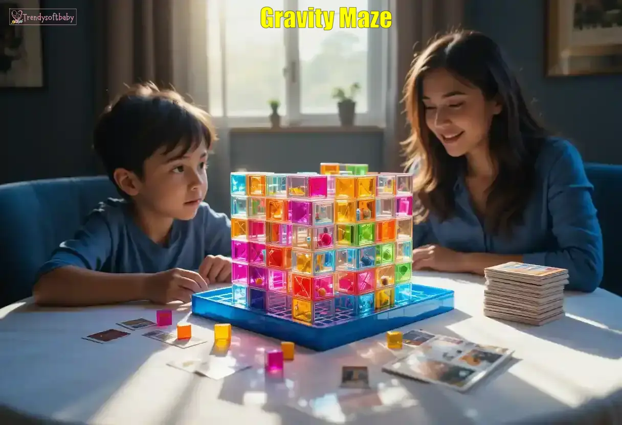 A young boy and a woman playing with a colorful 3D Gravity Maze puzzle on a white table, with sunlight streaming through a window in the background