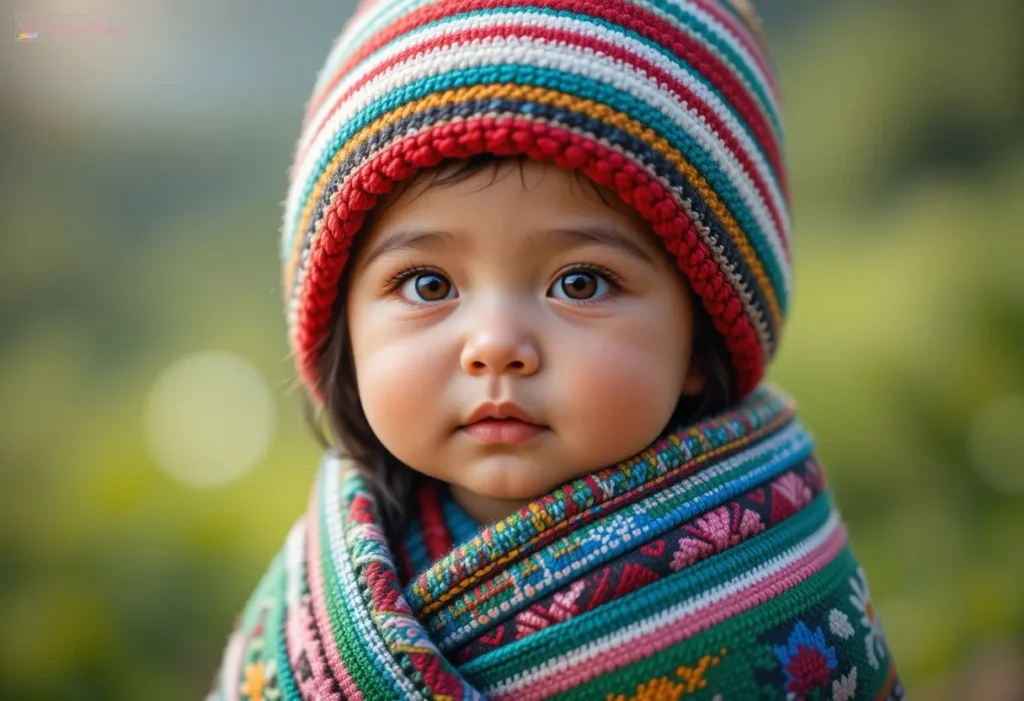 A close-up of a young child with expressive brown eyes, wearing a colorful knit hat and a vibrant patterned shawl, set against a blurred natural background