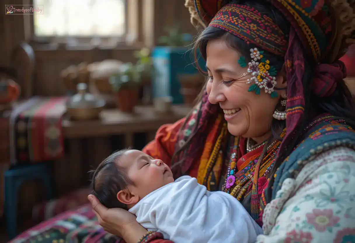 A smiling woman dressed in traditional, colorful attire holding a swaddled newborn baby in her arms inside a cozy, rustic room with cultural decorations