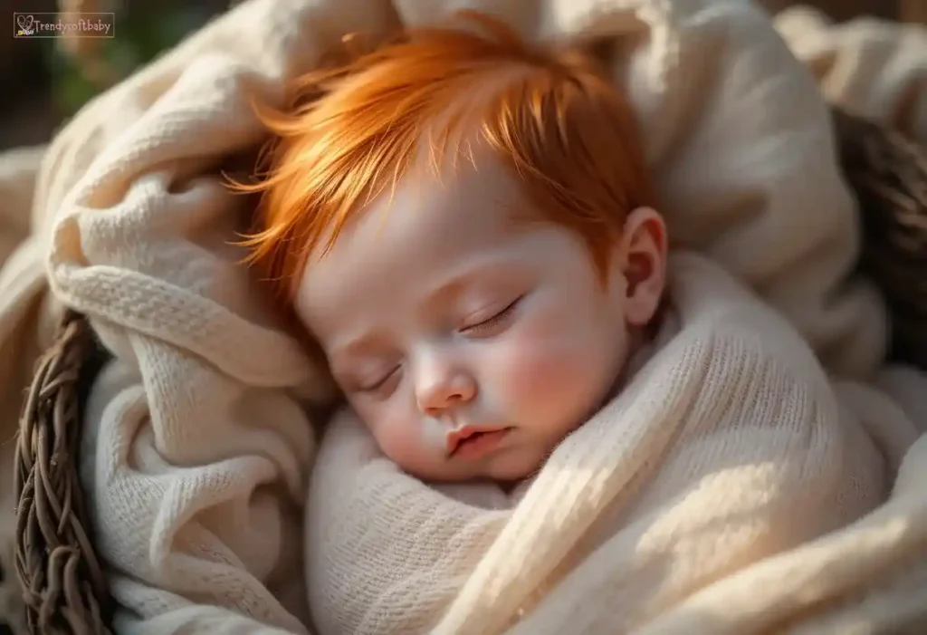 Hyper-realistic newborn girl with fiery red hair, peacefully sleeping in a cozy setting with soft, natural lighting