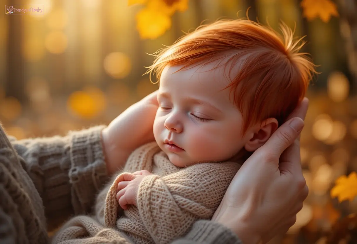 Hyper-realistic newborn with vibrant red hair held by a parent amidst autumn leaves and golden sunlight