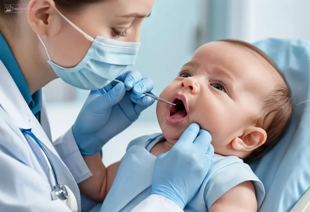 A pediatric examining the mouth of a baby during a dental checkup, wearing a medical mask and gloves for hygiene